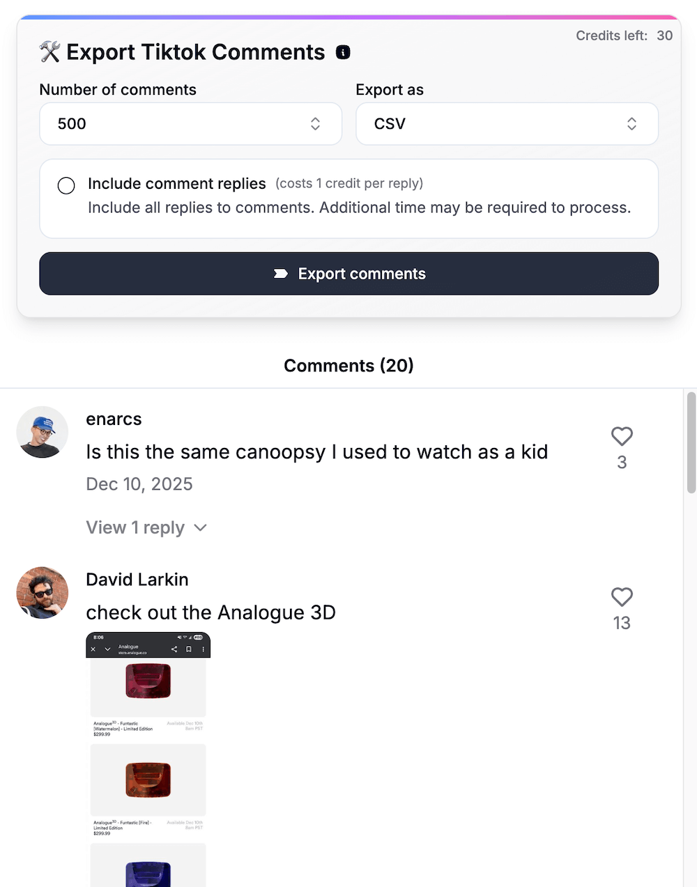 A screenshot of how to read and export TikTok comments